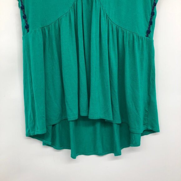 Nanette Lepore Teal Green Short Sleeve Flowy V-Neck yarn trim Blouse size L - Picture 6 of 16
